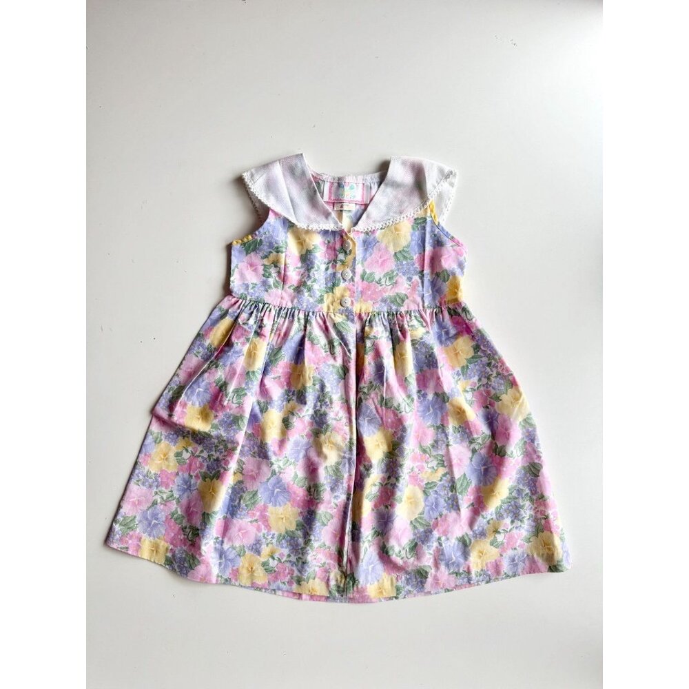 Vintage Girl's TULIP Pink Floral Cotton Muslin Collared A-Line Dress, Size 6x